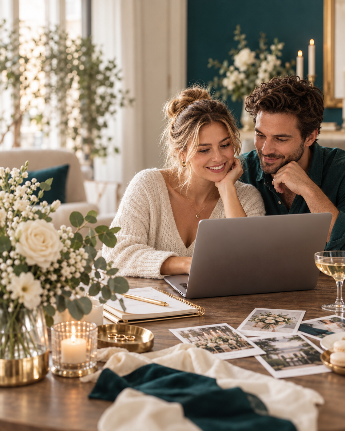 Hochzeitspaar plant gemeinsam am Laptop und sucht passende Hochzeitsdienstleister