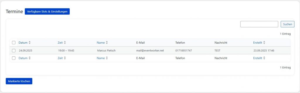 Terminübersicht im Backend
